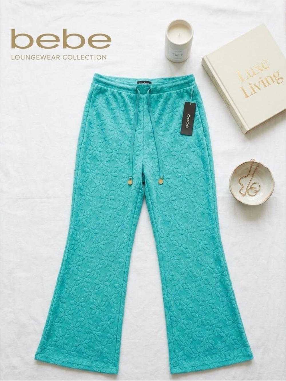 bebe Teal Floral-Textured Flare Lounge Pants